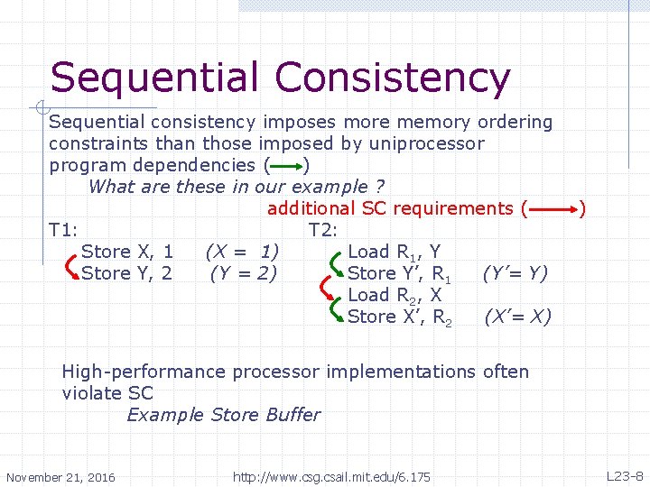 Sequential Consistency Sequential consistency imposes more memory ordering constraints than those imposed by uniprocessor