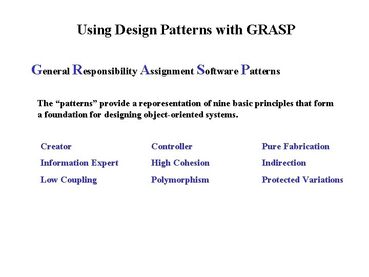 Using Design Patterns with GRASP General Responsibility Assignment Software Patterns The “patterns” provide a