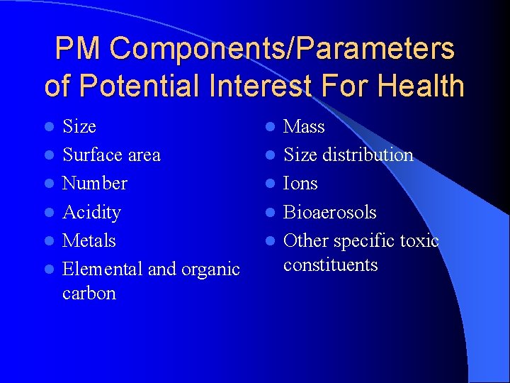 PM Components/Parameters of Potential Interest For Health l l l Size Surface area Number