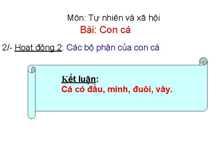 Môn: Tự nhiên và xã hội Bài: Con cá 2/- Hoạt động 2: Các