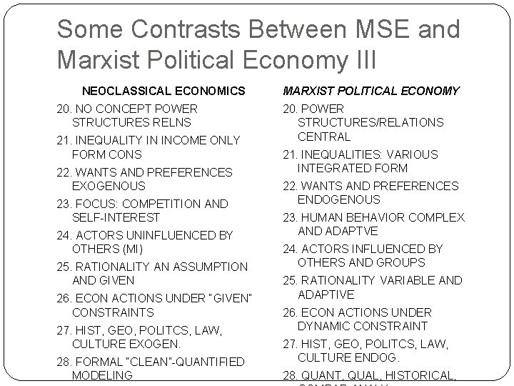 Some Contrasts Between MSE and Marxist Political Economy III NEOCLASSICAL ECONOMICS 20. NO CONCEPT