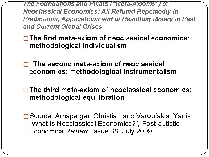 The Foundations and Pillars (“Meta-Axioms”) of Neoclassical Economics: All Refuted Repeatedly in Predictions, Applications