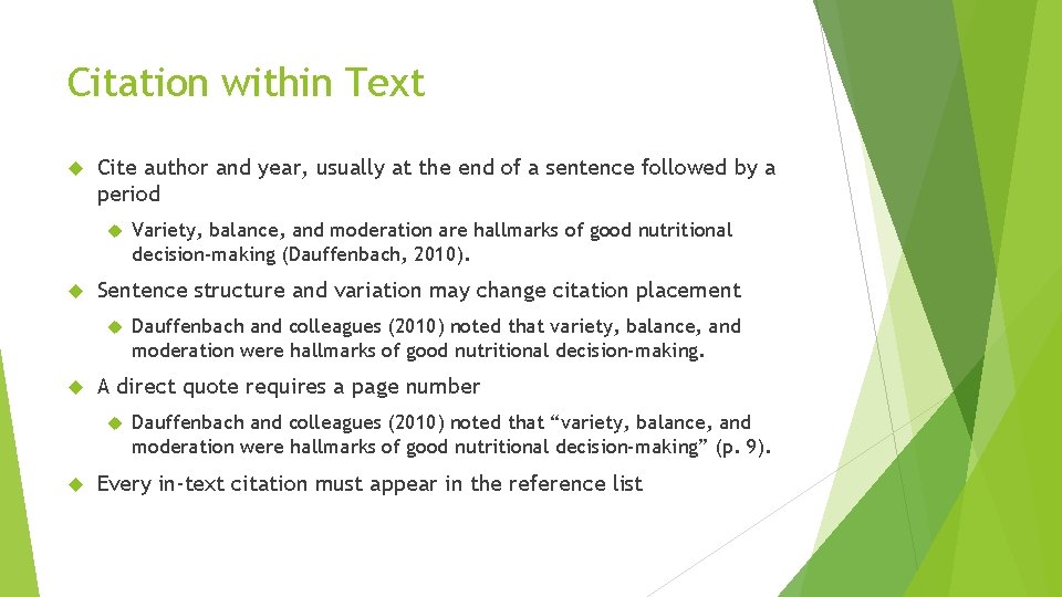 Citation within Text Cite author and year, usually at the end of a sentence