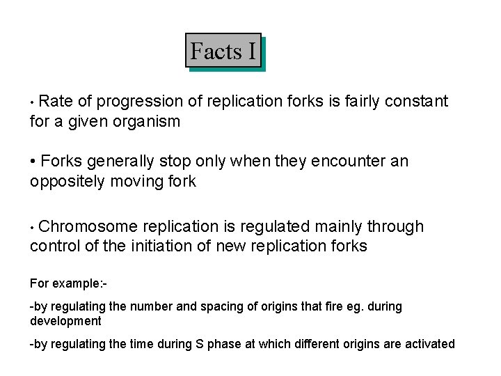 Facts I • Rate of progression of replication forks is fairly constant for a