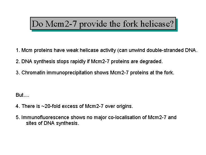 Do Mcm 2 -7 provide the fork helicase? 1. Mcm proteins have weak helicase