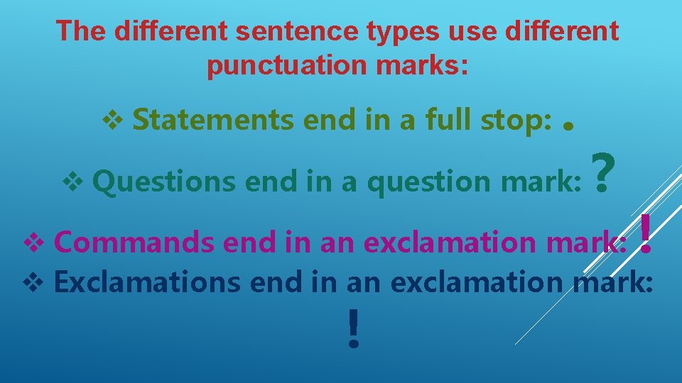 The different sentence types use different punctuation marks: v Statements end in a full