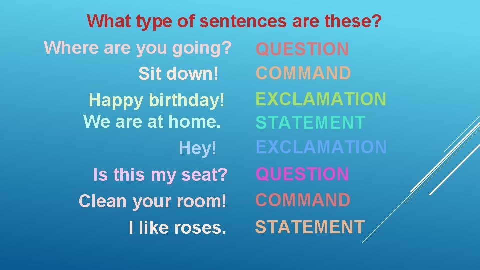 What type of sentences are these? Where are you going? QUESTION COMMAND Sit down!