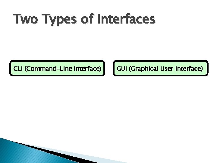 Two Types of Interfaces CLI (Command-Line Interface) GUI (Graphical User Interface) 