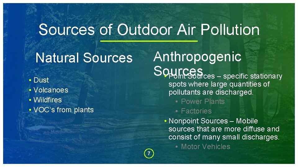 Sources of Outdoor Air Pollution Anthropogenic Sources • Point Sources – specific stationary Natural
