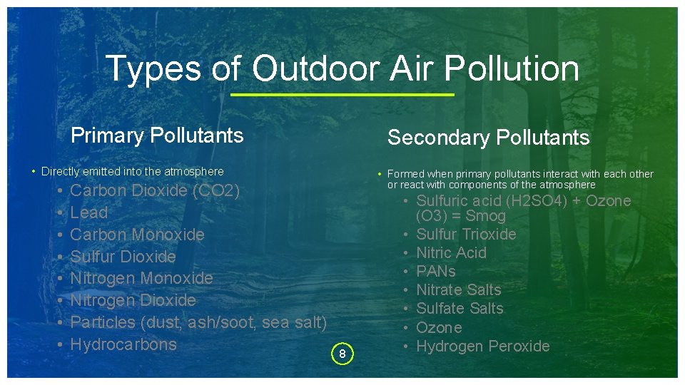 Types of Outdoor Air Pollution Primary Pollutants Secondary Pollutants • Directly emitted into the