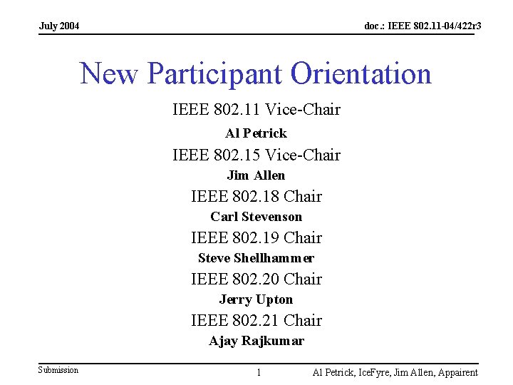 July 2004 doc. : IEEE 802. 11 -04/422 r 3 New Participant Orientation IEEE