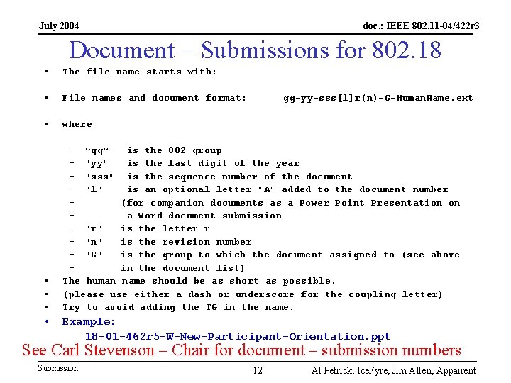 July 2004 doc. : IEEE 802. 11 -04/422 r 3 Document – Submissions for