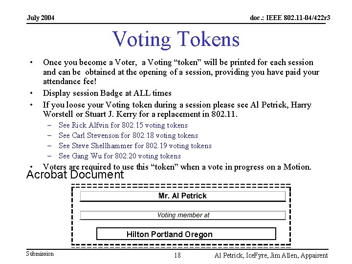 July 2004 doc. : IEEE 802. 11 -04/422 r 3 Voting Tokens • •