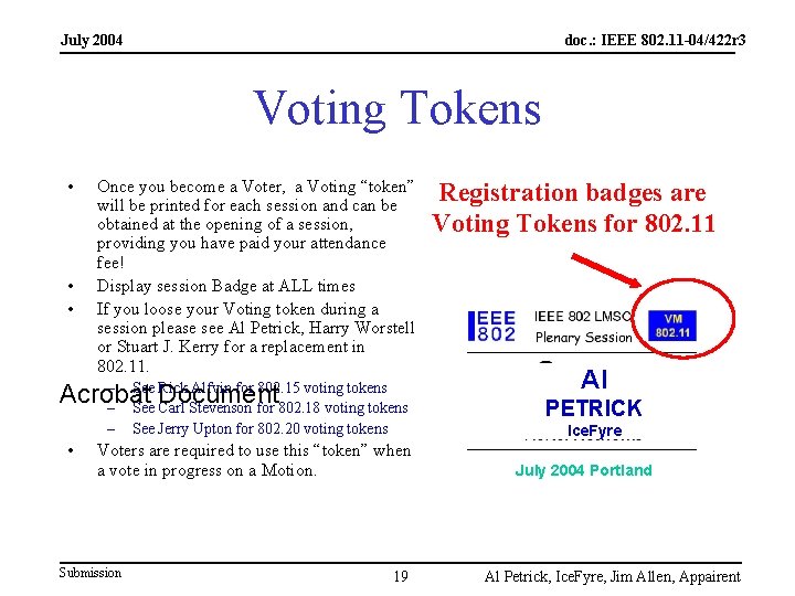 July 2004 doc. : IEEE 802. 11 -04/422 r 3 Voting Tokens • •