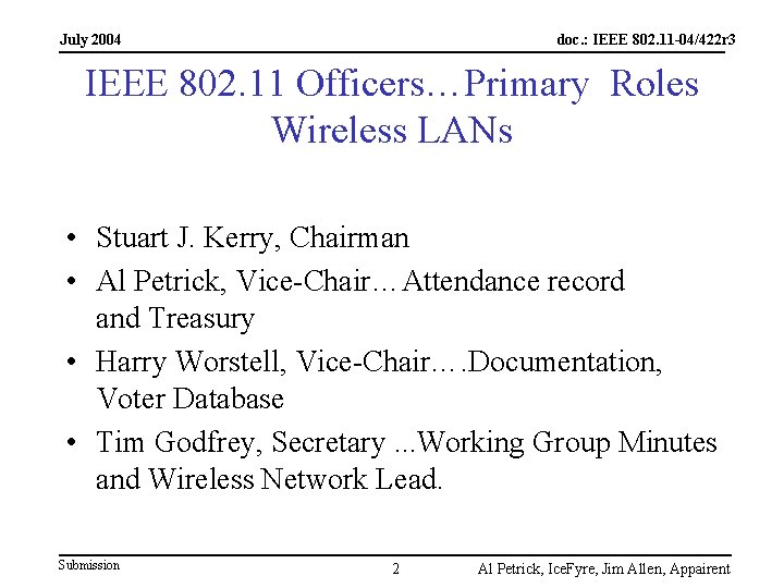 July 2004 doc. : IEEE 802. 11 -04/422 r 3 IEEE 802. 11 Officers…Primary