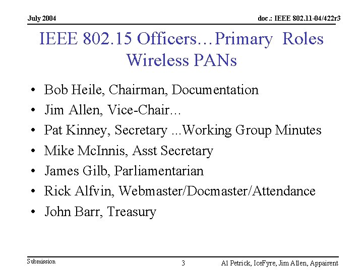 July 2004 doc. : IEEE 802. 11 -04/422 r 3 IEEE 802. 15 Officers…Primary