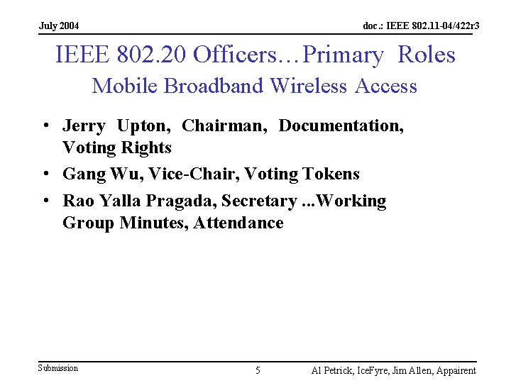 July 2004 doc. : IEEE 802. 11 -04/422 r 3 IEEE 802. 20 Officers…Primary