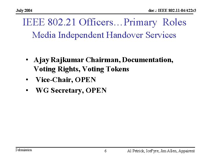 July 2004 doc. : IEEE 802. 11 -04/422 r 3 IEEE 802. 21 Officers…Primary