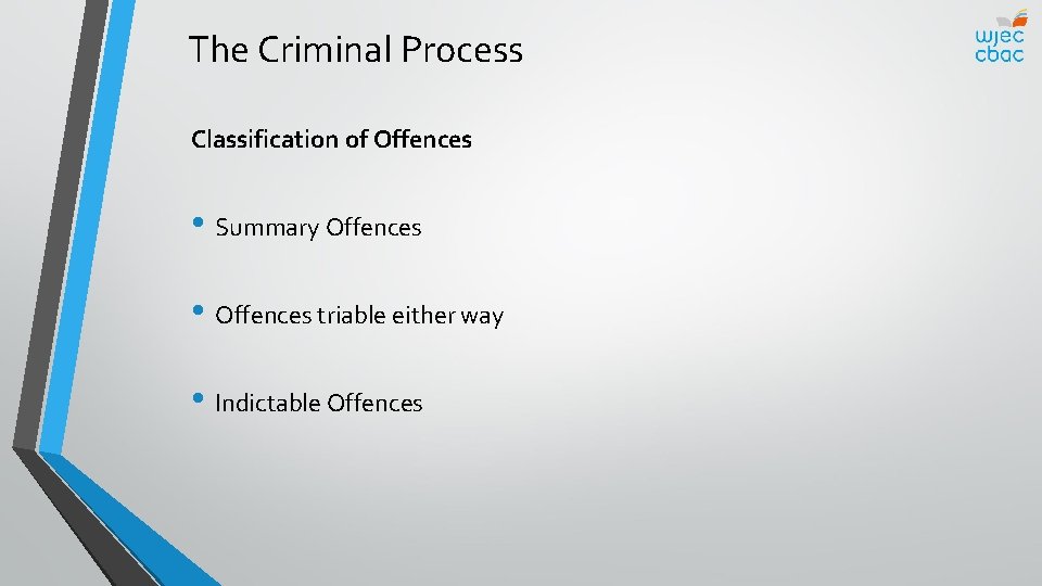 The Criminal Process Classification of Offences • Summary Offences • Offences triable either way
