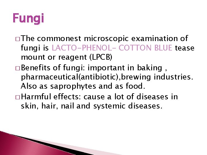 Fungi � The commonest microscopic examination of fungi is LACTO-PHENOL- COTTON BLUE tease mount