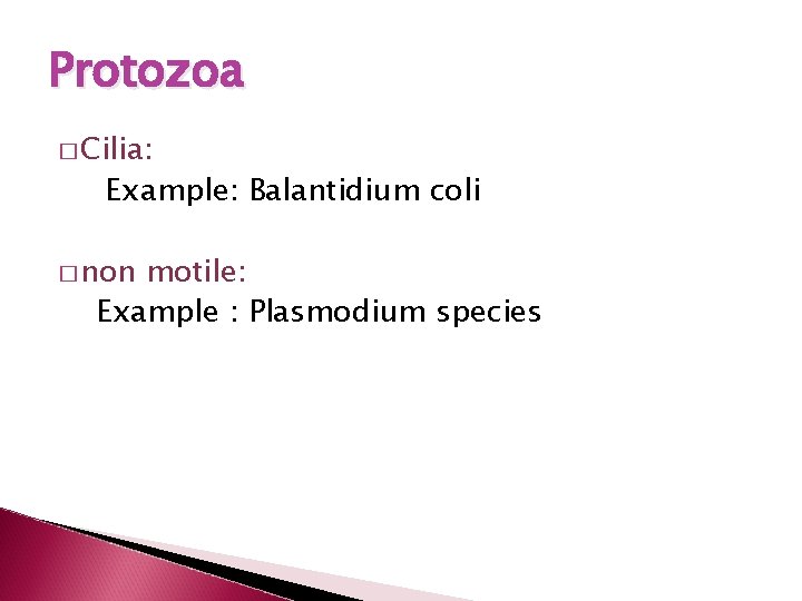 Protozoa � Cilia: Example: Balantidium coli � non motile: Example : Plasmodium species 