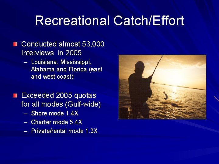 Recreational Catch/Effort Conducted almost 53, 000 interviews in 2005 – Louisiana, Mississippi, Alabama and