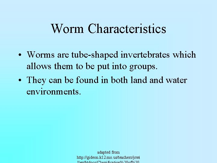 Worm Characteristics • Worms are tube-shaped invertebrates which allows them to be put into