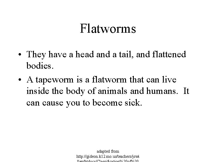 Flatworms • They have a head and a tail, and flattened bodies. • A