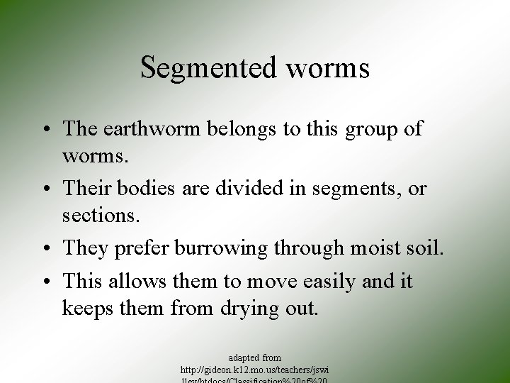 Segmented worms • The earthworm belongs to this group of worms. • Their bodies