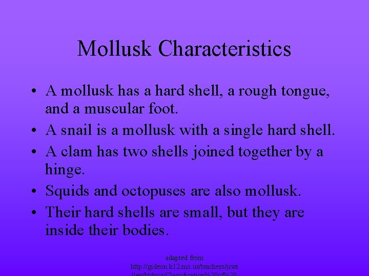 Mollusk Characteristics • A mollusk has a hard shell, a rough tongue, and a