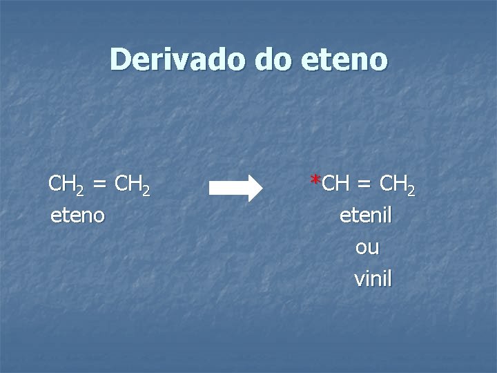 Derivado do eteno CH 2 = CH 2 eteno *CH = CH 2 etenil