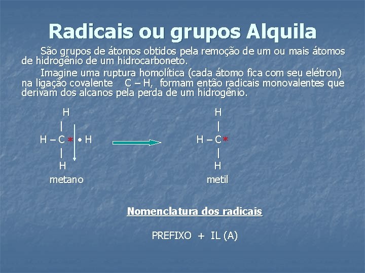 Radicais ou grupos Alquila São grupos de átomos obtidos pela remoção de um ou