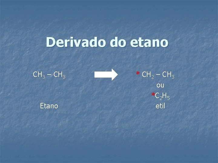 Derivado do etano CH 3 – CH 3 Etano * CH 2 – CH