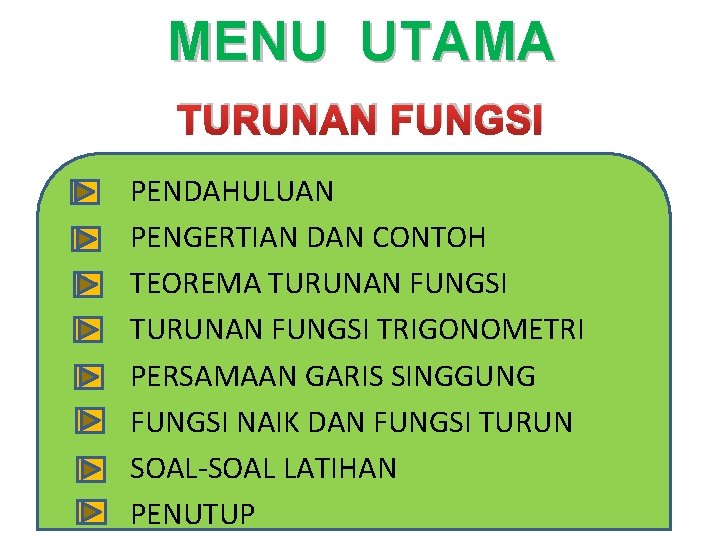 MENU UTAMA TURUNAN FUNGSI PENDAHULUAN PENGERTIAN DAN CONTOH TEOREMA TURUNAN FUNGSI TRIGONOMETRI PERSAMAAN GARIS