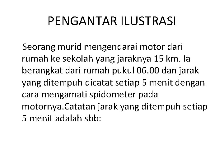 PENGANTAR ILUSTRASI Seorang murid mengendarai motor dari rumah ke sekolah yang jaraknya 15 km.