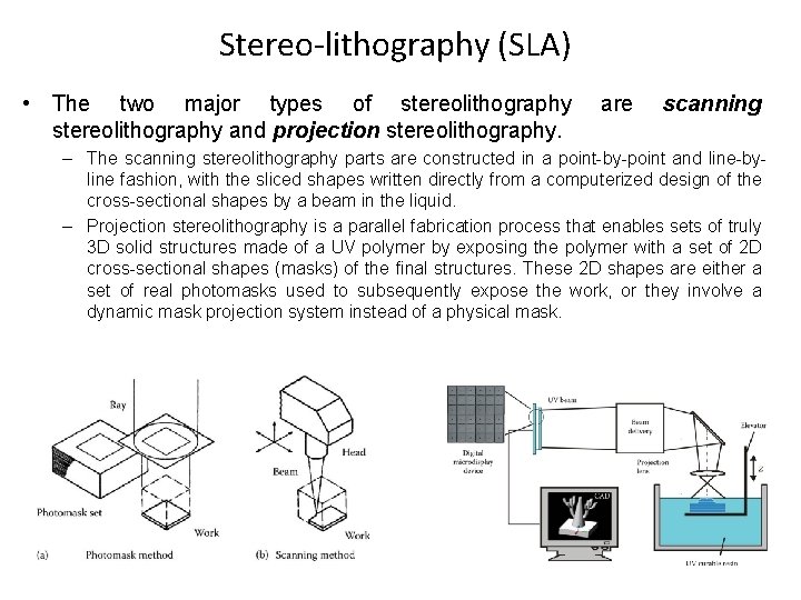 Stereo-lithography (SLA) • The two major types of stereolithography and projection stereolithography. are scanning