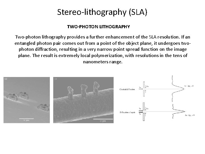 Stereo-lithography (SLA) TWO-PHOTON LITHOGRAPHY Two-photon lithography provides a further enhancement of the SLA resolution.