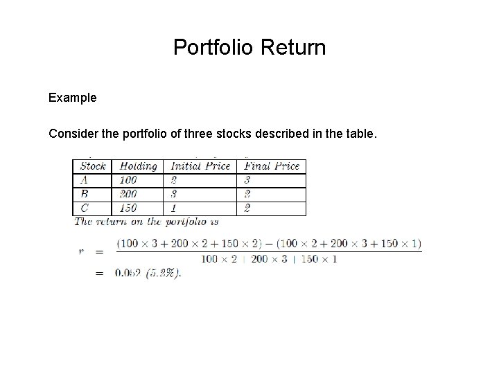 Portfolio Return Example Consider the portfolio of three stocks described in the table. 
