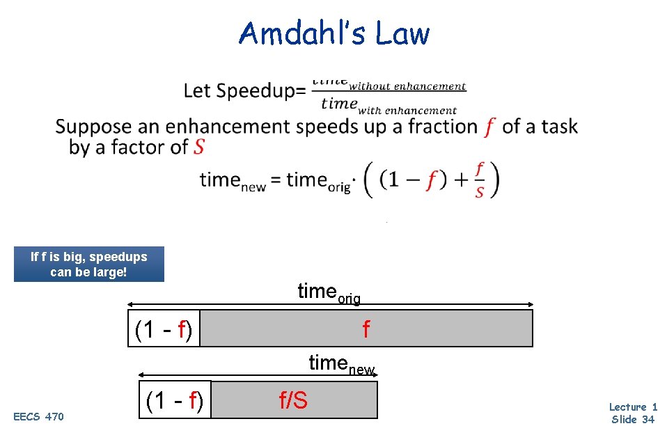 Amdahl’s Law If f is big, speedups can be large! timeorig (1 - f)