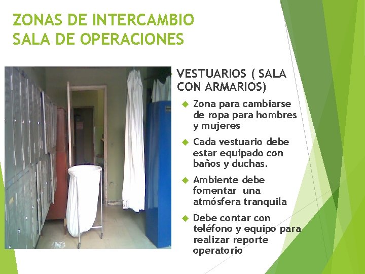 ZONAS DE INTERCAMBIO SALA DE OPERACIONES VESTUARIOS ( SALA CON ARMARIOS) Zona para cambiarse