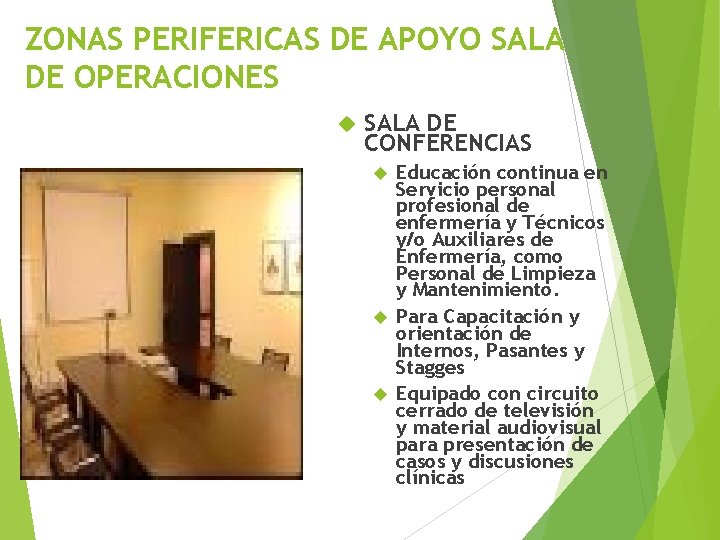 ZONAS PERIFERICAS DE APOYO SALA DE OPERACIONES SALA DE CONFERENCIAS Educación continua en Servicio