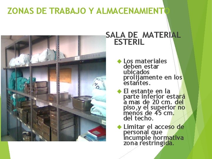 ZONAS DE TRABAJO Y ALMACENAMIENTO SALA DE MATERIAL ESTERIL Los materiales deben estar ubicados