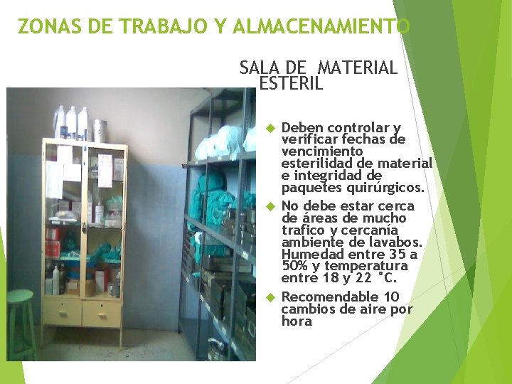 ZONAS DE TRABAJO Y ALMACENAMIENTO SALA DE MATERIAL ESTERIL Deben controlar y verificar fechas