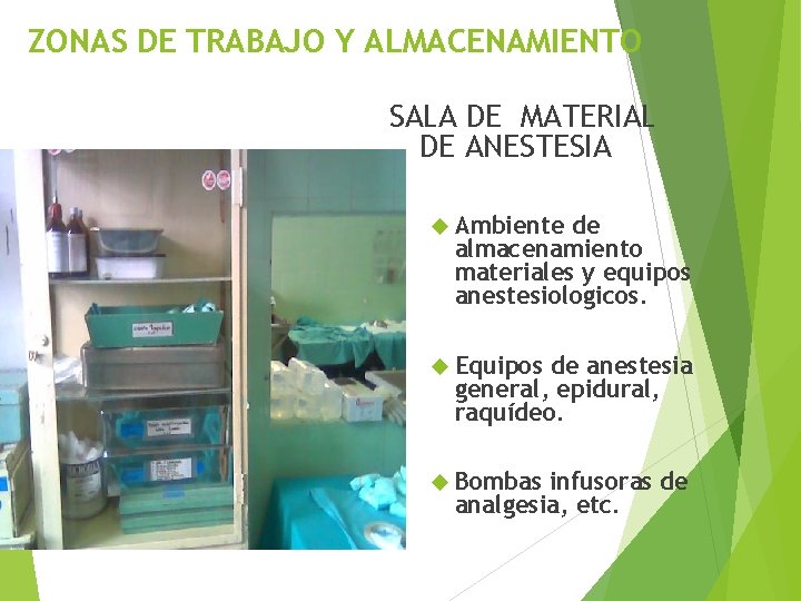ZONAS DE TRABAJO Y ALMACENAMIENTO SALA DE MATERIAL DE ANESTESIA Ambiente de almacenamiento materiales