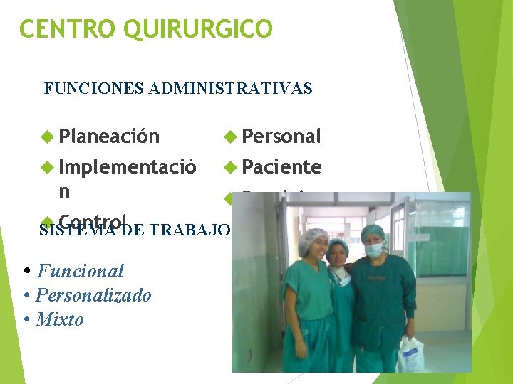 CENTRO QUIRURGICO FUNCIONES ADMINISTRATIVAS Planeación Personal Implementació Paciente n Servicios Control. DE TRABAJO SISTEMA