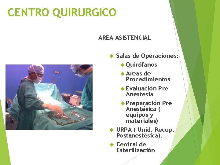 CENTRO QUIRURGICO AREA ASISTENCIAL Salas de Operaciones: Quirófanos Áreas de Procedimientos Evaluación Pre Anestesia