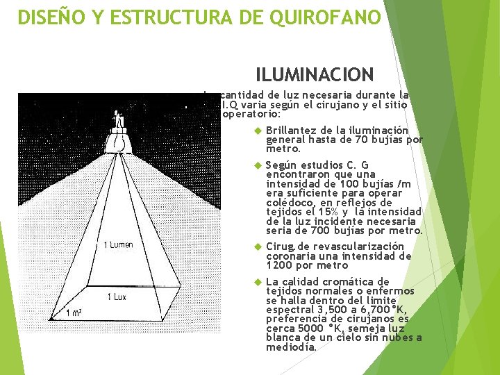 DISEÑO Y ESTRUCTURA DE QUIROFANO ILUMINACION La cantidad de luz necesaria durante la I.