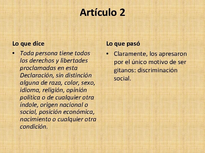 Artículo 2 Lo que dice • Toda persona tiene todos los derechos y libertades