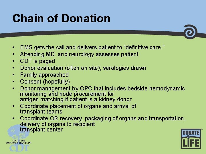 Chain of Donation • • EMS gets the call and delivers patient to “definitive