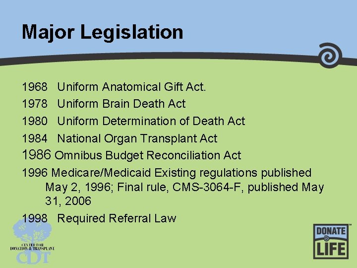 Major Legislation 1968 1978 1980 1984 Uniform Anatomical Gift Act. Uniform Brain Death Act